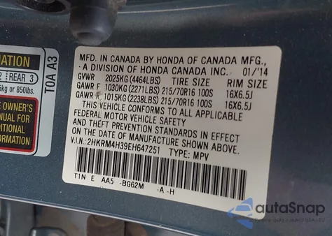 2014 Honda Cr-V Lx z USA, uszkodzony, nr VIN 2HKRM4H39EH647251